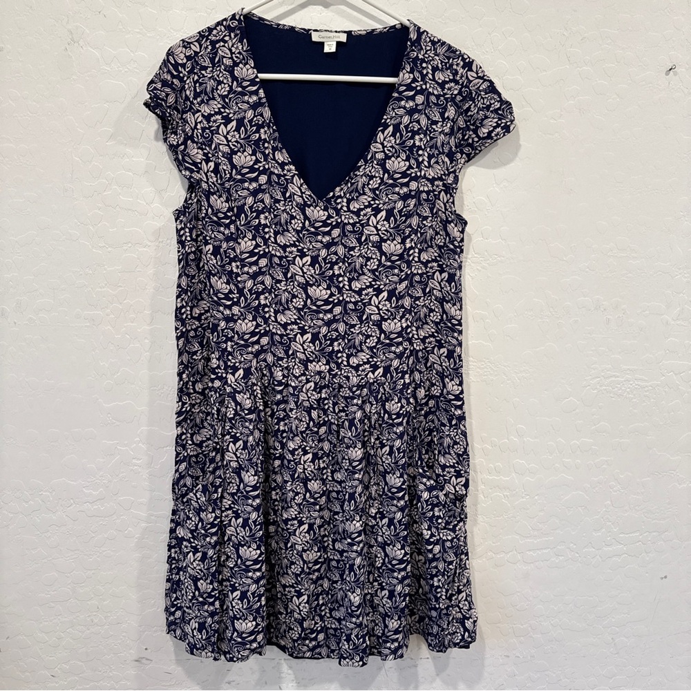 Garnet Hill Navy White Floral Women’s 10 V-Neck Midi Dress Cottagecore Spring